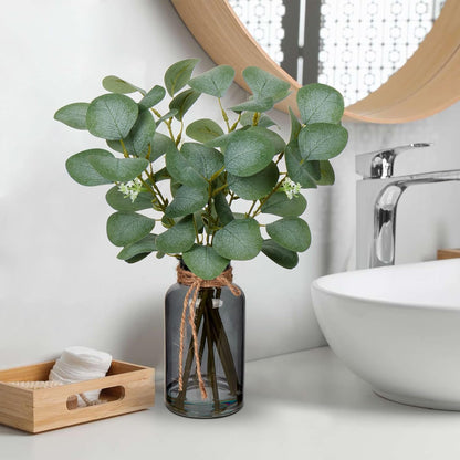 DILATATA Artificial Eucalyptus Stems in Glass Vase with Faux Water, 14" Fake Plant Eucalyptus Leaves for Home Office Farmhouse Wedding Centerpiece Décor