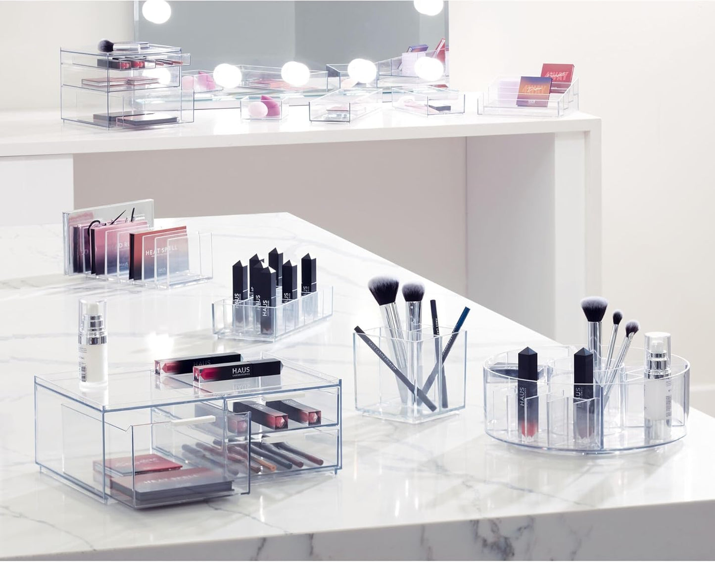 iDesign The Collection Makeups, 3 Compartments Bathroom Organizer from Sarah Tanno Signed Collection, Plastic Makeup Brush Holder for Pencils and Eyeliners, Transparent, 10.5 x 10.5 x 10.6 cm