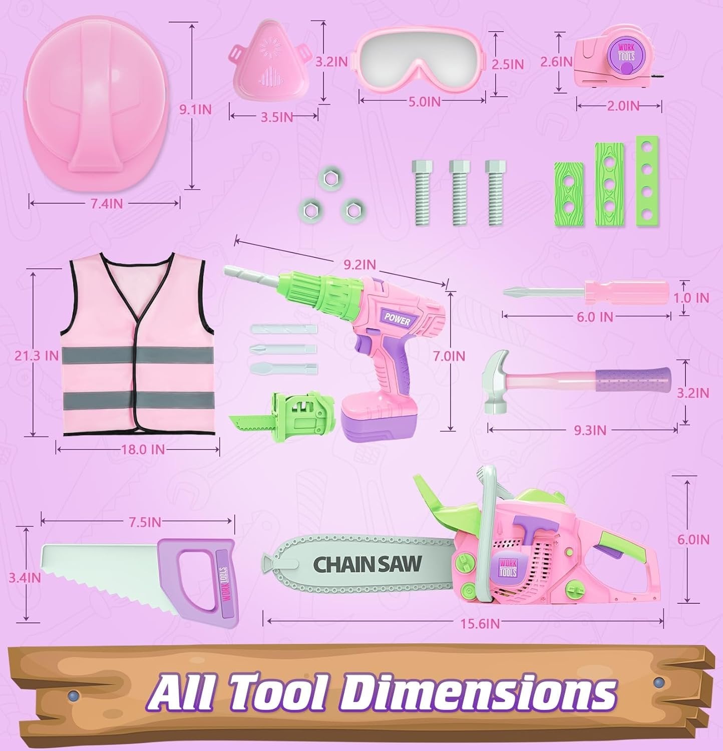 WishaLife Kids Tool Set - Pink Tool Set for Girls with Toy Chainsaw, Toy Drill, Construction Vest, Toddler Tool Set, Pretend Play Toy Tools Gift for Kids Ages 3 4 5 6 7 8 Years Old, OYG606-7