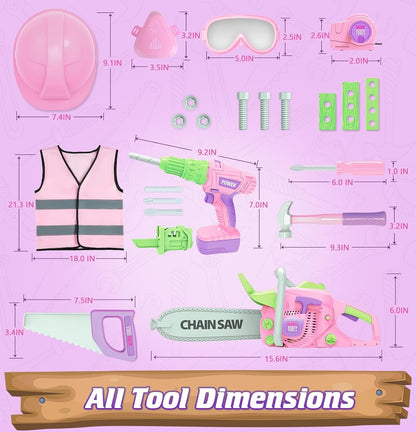 WishaLife Kids Tool Set - Pink Tool Set for Girls with Toy Chainsaw, Toy Drill, Construction Vest, Toddler Tool Set, Pretend Play Toy Tools Gift for Kids Ages 3 4 5 6 7 8 Years Old, OYG606-7