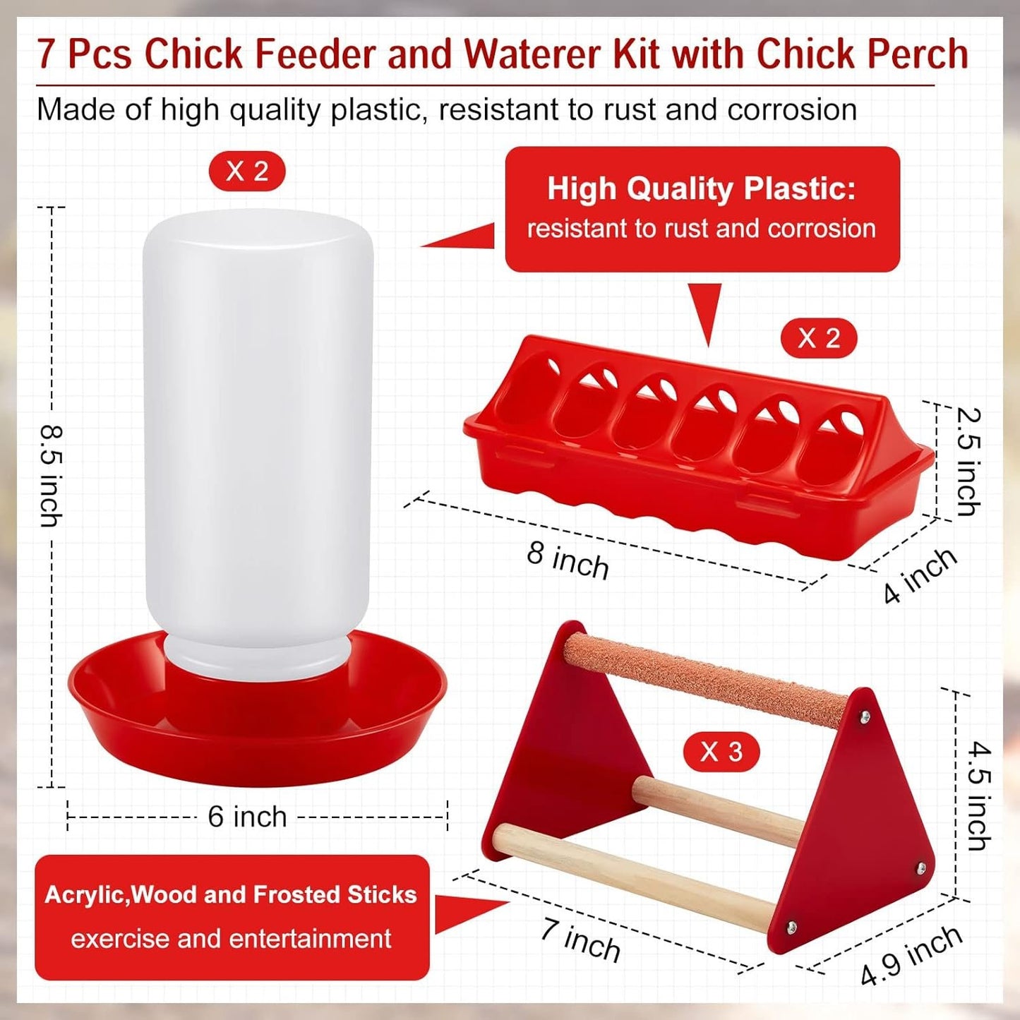 Patelai 7 Pcs Chick Feeder and Waterer Kit Feeding Supplies with Mini Perch Chicken Starter Kit for Coop and Brooder for Small Poultry Ducks Quail