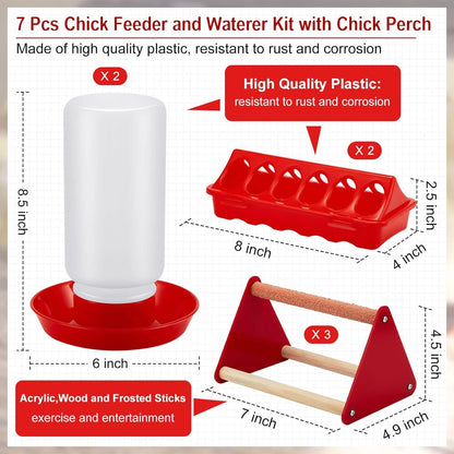Patelai 7 Pcs Chick Feeder and Waterer Kit Feeding Supplies with Mini Perch Chicken Starter Kit for Coop and Brooder for Small Poultry Ducks Quail