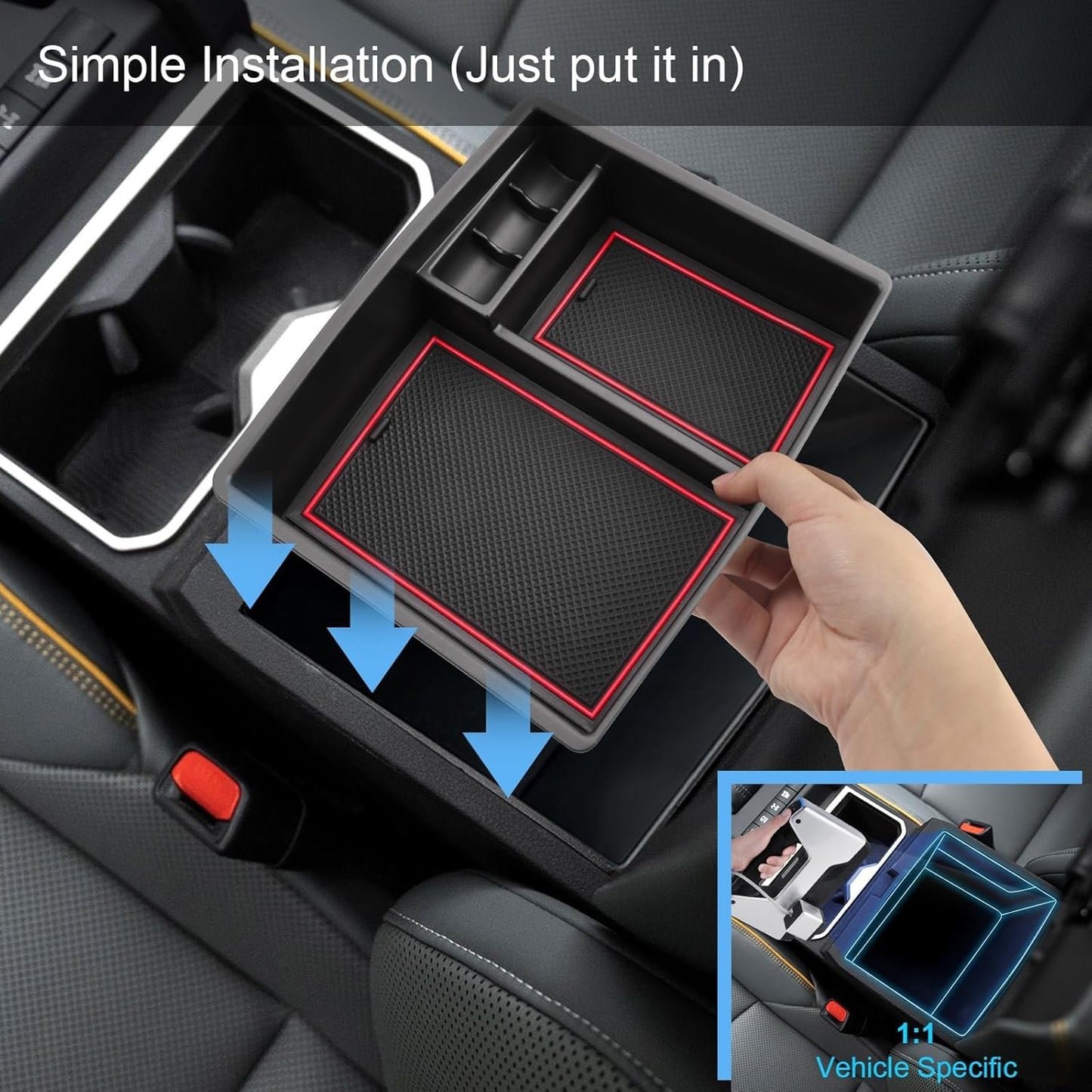Coleya 2024 2025 Tacoma Accessories Center Console Organizer for Toyota Tacoma (All Trims), Durable ABS Plastic 2024 Tacoma Console Tray Glove Insert 2025 Tacoma Interior Accessories (with Red Mats)