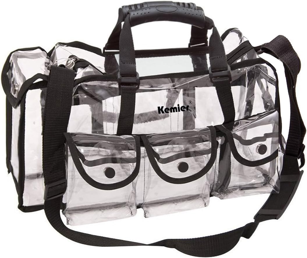 Kemier Transparent Travel Beauty Case with 6 External Pockets Large Cosmetic Organizer with Shoulder Strap