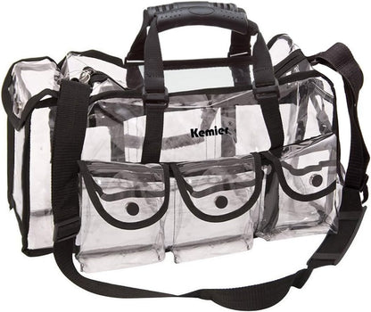 Kemier Transparent Travel Beauty Case with 6 External Pockets Large Cosmetic Organizer with Shoulder Strap