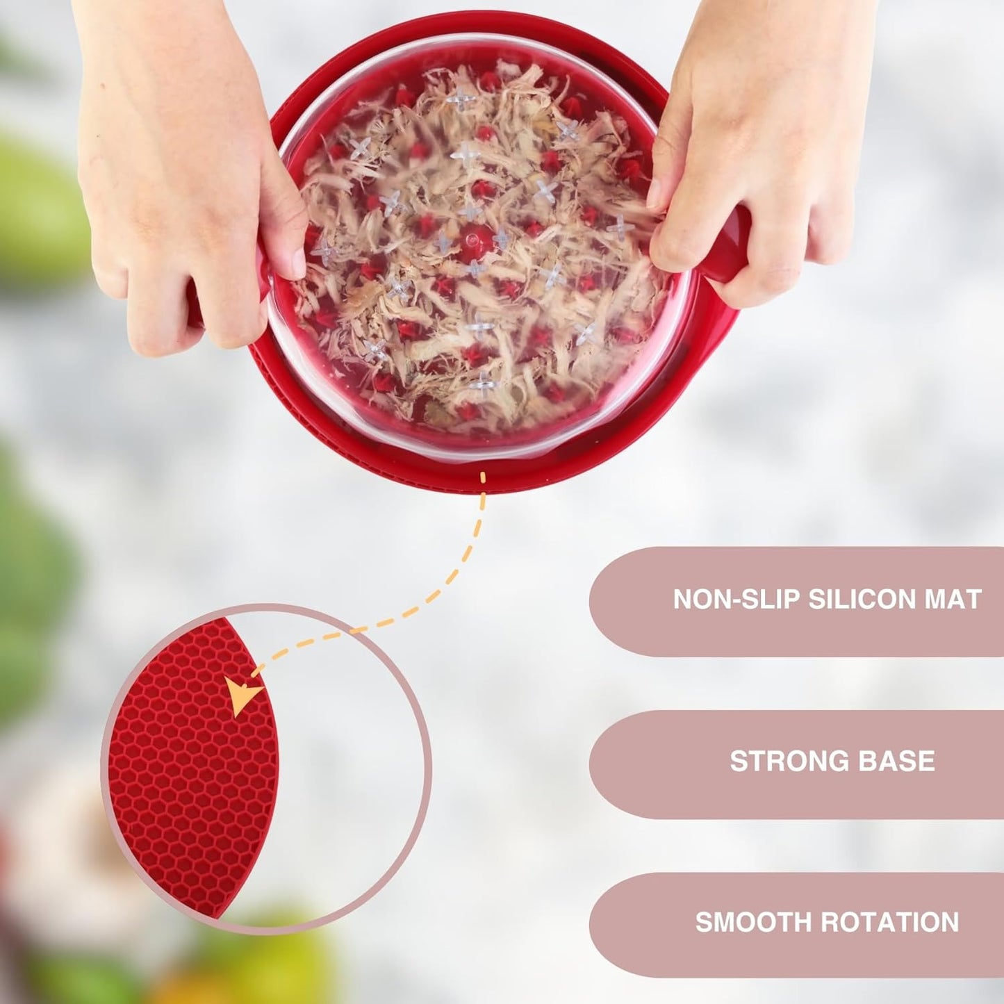 Rosecin Pro Chicken Shredder Tool Twist with Anti Slip Mat Tong and Brush, Meat Shredder, Kitchen Tools & Gadgets, Suitable for Pork Beef Chicken, Ergonomic Handle, BPA Free, Dishwasher Safe (Red)