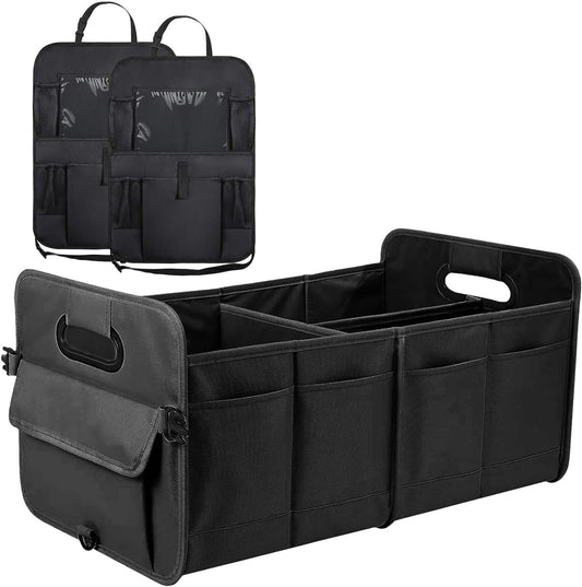 Car Boot Organiser with Super Capacity Storage â€“ Collapsible, Car Trunk Organizer with Reinforced Handles, Adjustable Straps & Non-Slip Bottom â€“ 2 Seatback Organisers for SUVs, Sedans, & RVs - Black