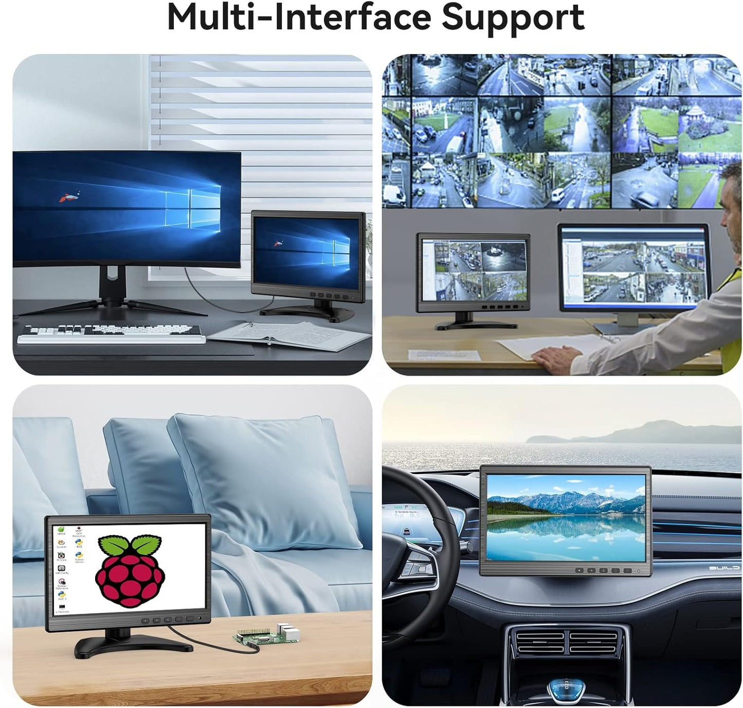10.1 inch Monitor, 1024x600 LCD IPS Monitor 10 inch Security CCTV Display with HDMI, VGA, BNC, RCA Interfaces for Home, Office, Warehouse Surveillance