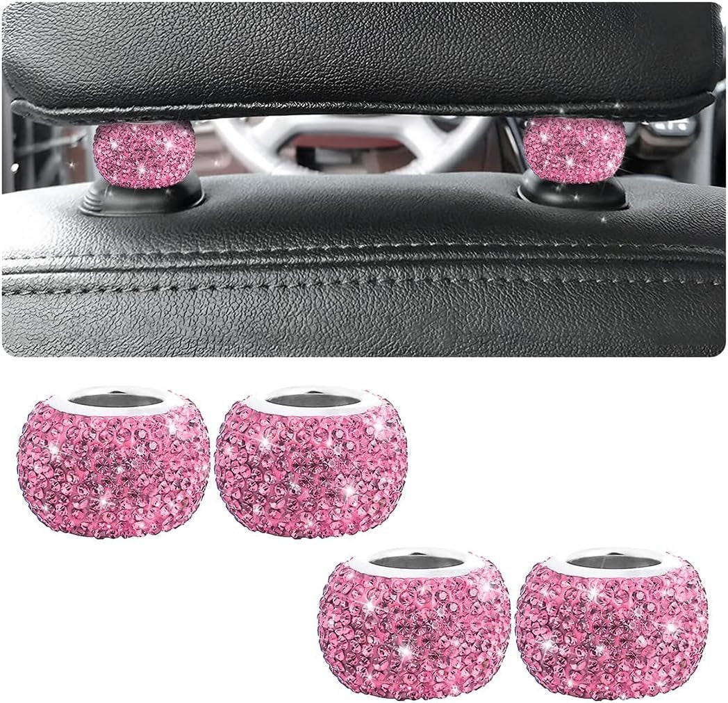 TSUGAMI Car Bling Headrest Collars, 4 Pcs Car Head Rest Collars Rings Decoration, Rhinestone Crystal Diamond Interior Accessories for Auto Head Rest, Crystal Charms for Car SUV Truck (Pink)