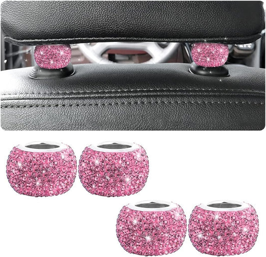 TSUGAMI Car Bling Headrest Collars, 4 Pcs Car Head Rest Collars Rings Decoration, Rhinestone Crystal Diamond Interior Accessories for Auto Head Rest, Crystal Charms for Car SUV Truck (Pink)