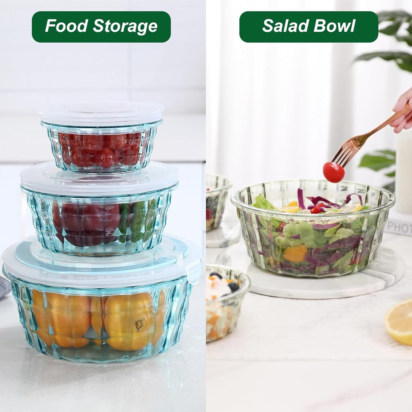Taiuloo Set of 3 Salad Bowls With Lids & Handles, Food Storage Containers for Meal Prep and Lunch, BPA Free Plastic Serving Bowl Set, Pink