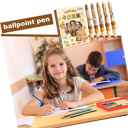 WEZCHUGHAOL Capybara Ballpoint Pens, Cute Erasable Ink Pens, 0.5mm Fine Point, blue Ink, Set of Pens (Brown)