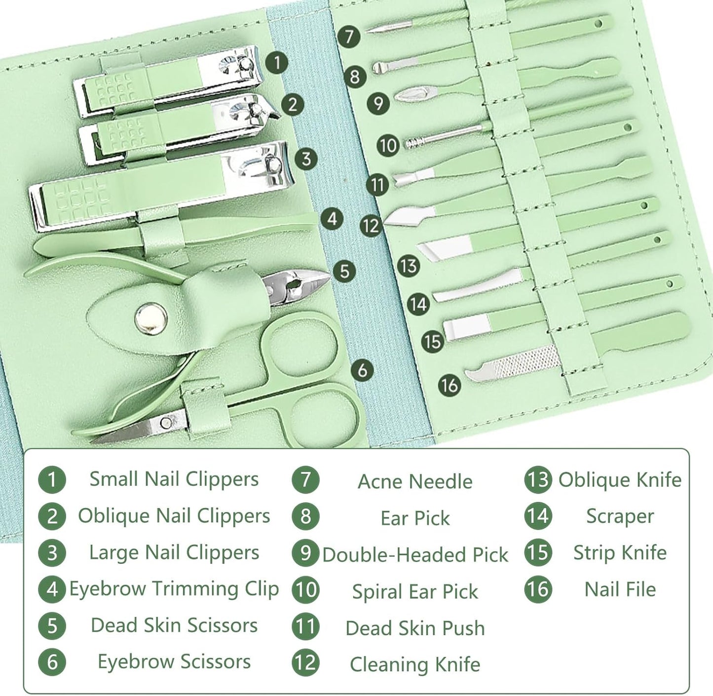 Toguma Manicure Set Nail Clippers Pedicure Kit 16 Pieces Stainless Steel Manicure Kit with Green Bag, Fingernail Toenail Clippers for Home Workplace Outdoor Travel (Green)