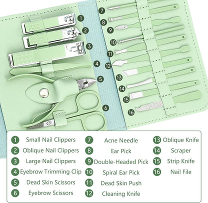 Toguma Manicure Set Nail Clippers Pedicure Kit 16 Pieces Stainless Steel Manicure Kit with Green Bag, Fingernail Toenail Clippers for Home Workplace Outdoor Travel (Green)