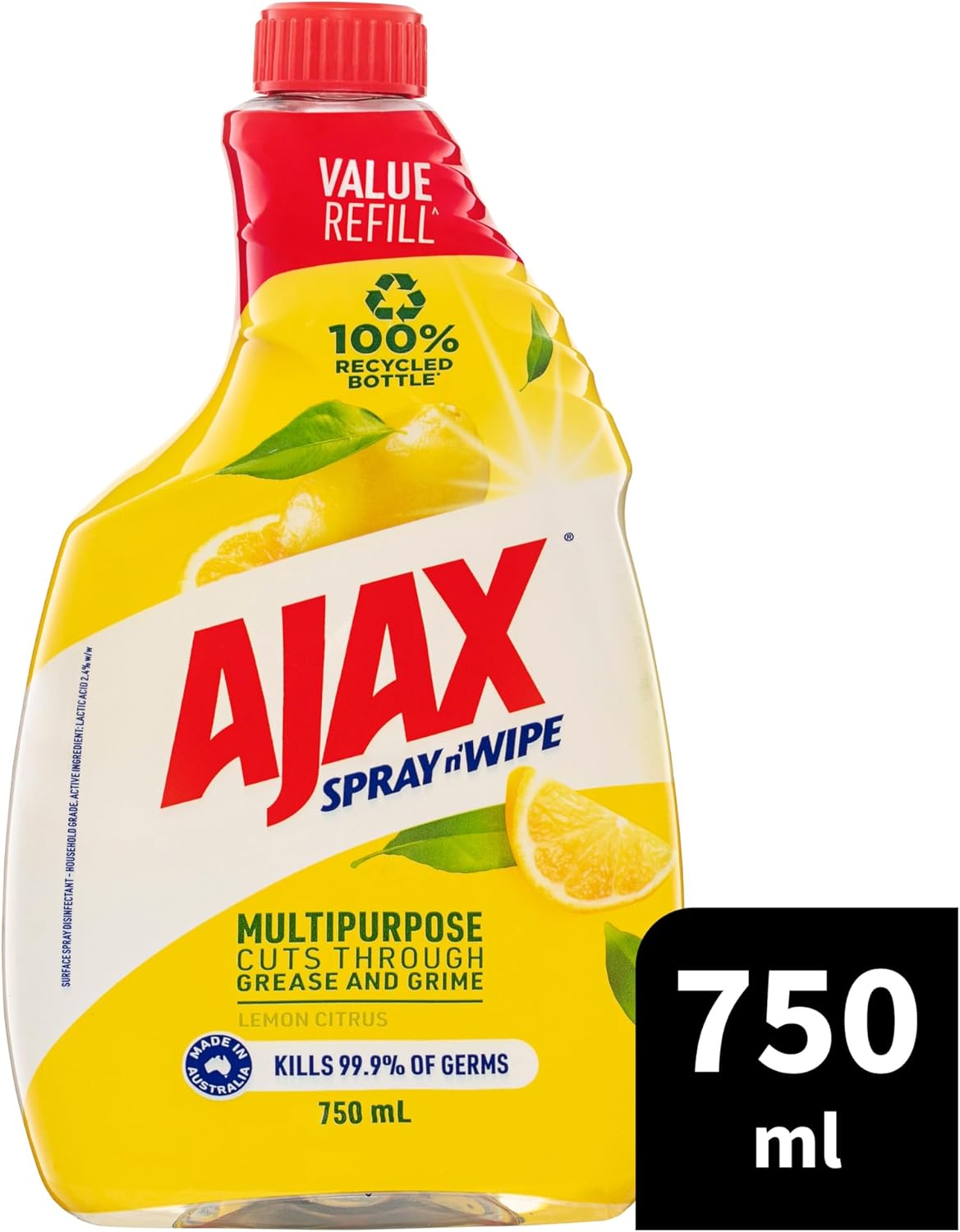 Ajax Spray n' Wipe Multi-Purpose Cleaner Refill, Value Pack 750mL, Lemon Citrus, Antibacterial Disinfectant, Household Grade