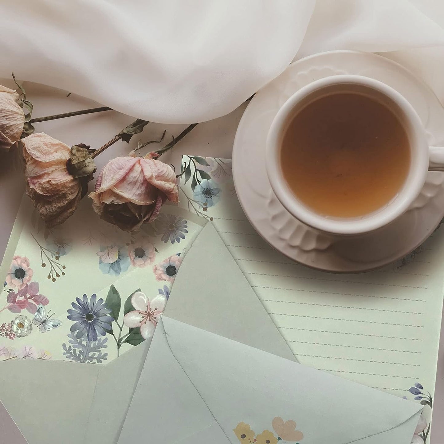 SCStyle Stationary Paper and Envelopes Set Contain 48Sheets Writing Paper 5.9X7.7Inch+24 Pcs A6 Cute Envelopes 4x6Inch with Water-Based Adhesive,Unique Flower Design-Stationary Set for Writing Letters