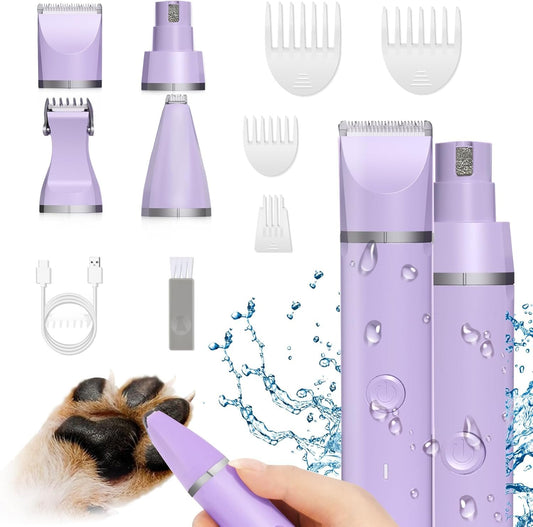 Veeconn Dog Grooming Clippers Kit-Electric Rechargeable Cat Trimmer Tools-Cordless Quiet Pet Nail Paw Grinder-4 in 1 Multifunctional Low Noise Shaver-Razor For feet Face Ears Toenail eye