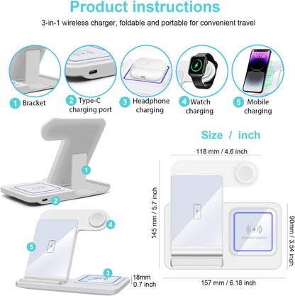 3 in 1 Wireless Charger, 15W Fast Wireless Charging Station Stand Compatible with iPhone 16 15 14 13 12 11 XS Series, Air Pods Pro 2/4/3, Apple Watch Series 10/Ultra2/9/8/7/6/5/4/3/2/SE,White