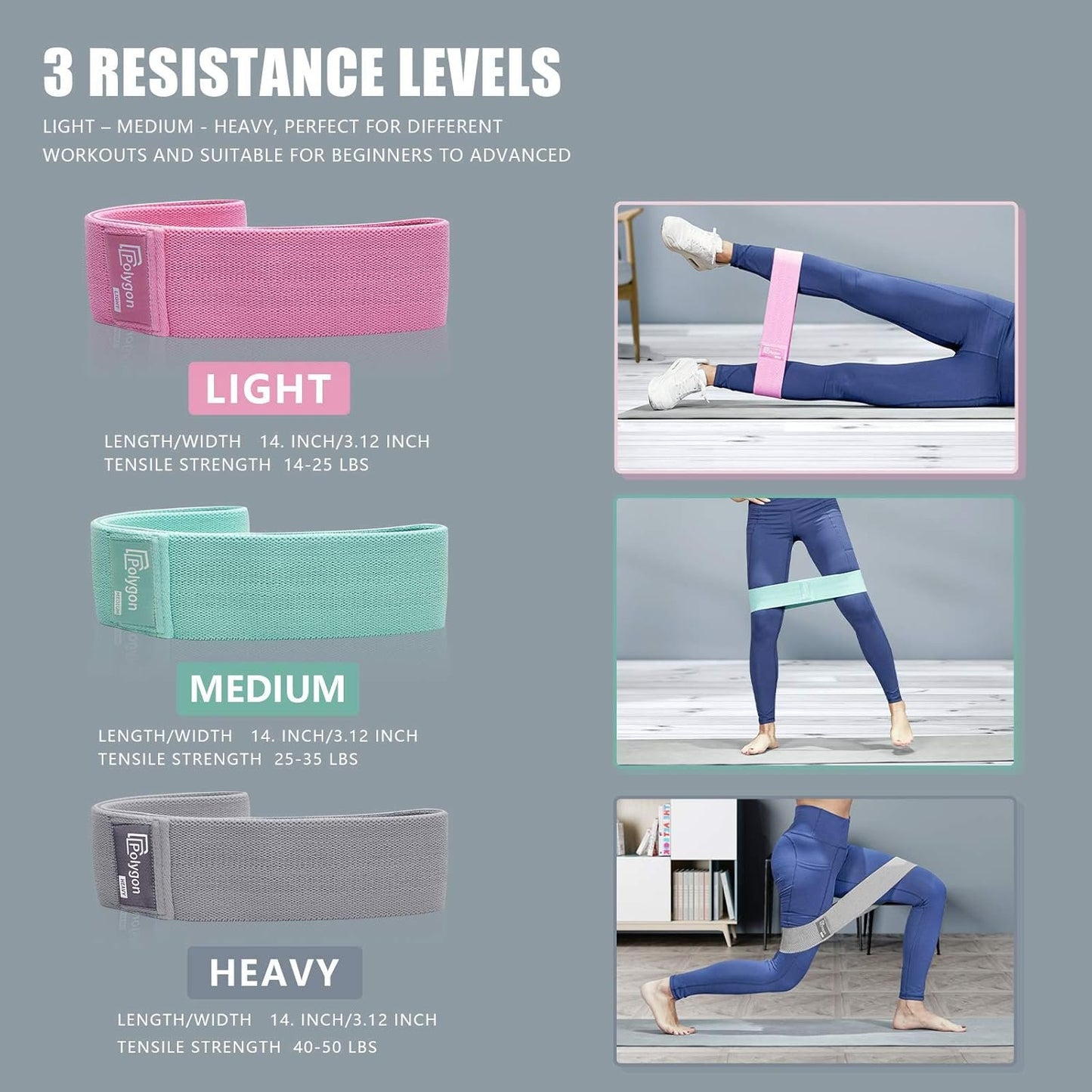Polygon Resistance Exercise Bands, Fabric Non Slip Hip Bands for Squats, Legs, Butt, Thigh and Hip Workout, Thick Wide Fitness Loop for Men & Women. Workout Guide Included