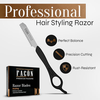 Facón Professional Hair Styling Thinning Texturizing Cutting Faether Razor + 10 Replacement Blades