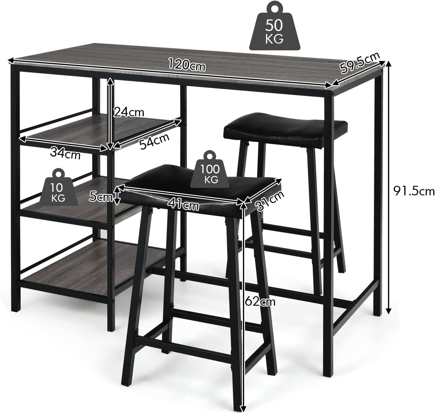 Giantex 3-Piece Dining Table Set, Counter Height Table Set w/2 Bar Stools, Modern Industrial Bar Table Set w/3 Tier Storage Shelves, Iron Frame, Soft Cushion, Perfect for Home, Kitchen, Dining Room