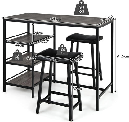 Giantex 3-Piece Dining Table Set, Counter Height Table Set w/2 Bar Stools, Modern Industrial Bar Table Set w/3 Tier Storage Shelves, Iron Frame, Soft Cushion, Perfect for Home, Kitchen, Dining Room