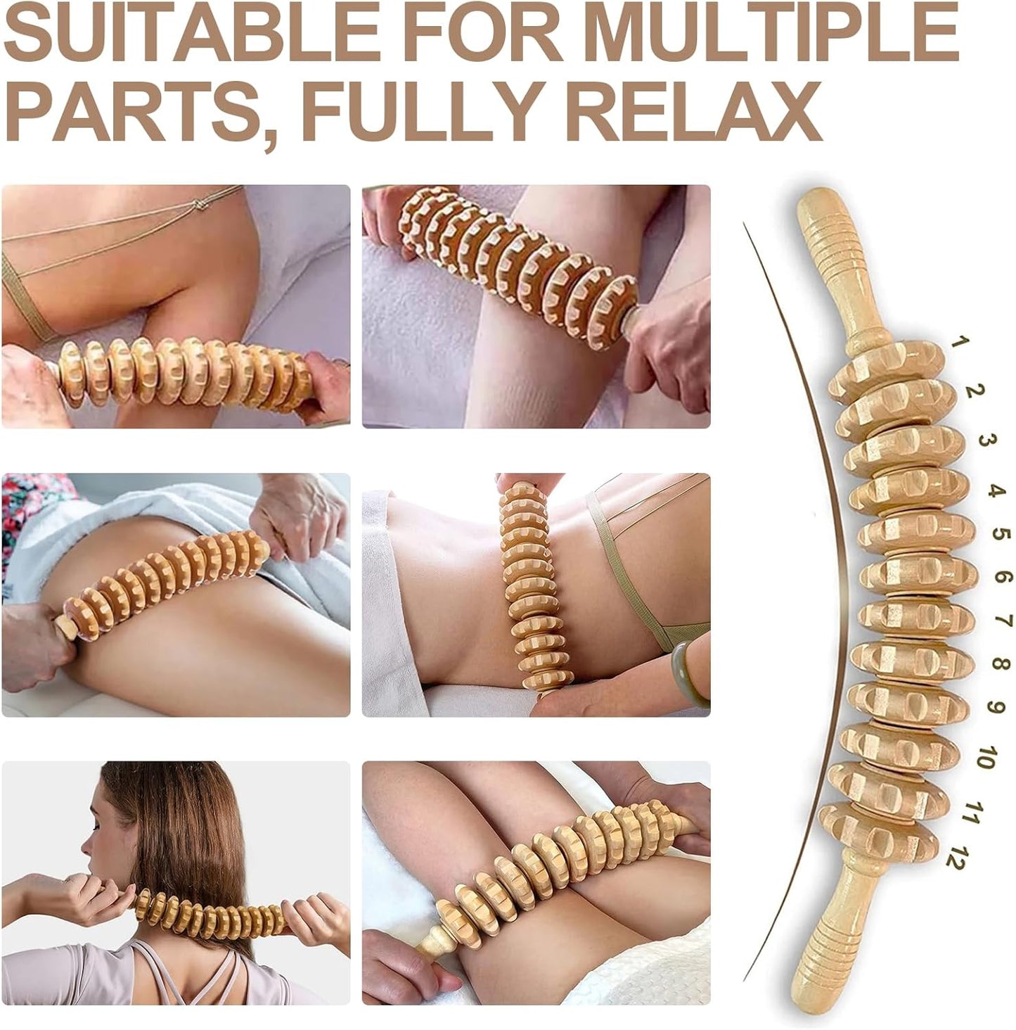 Wooden Muscle Massage Roller with Handle, Curved Roller Massager for the Whole Body, Promotes Circulation, Massager Legs, Back, Pain Relief and Body Relaxation