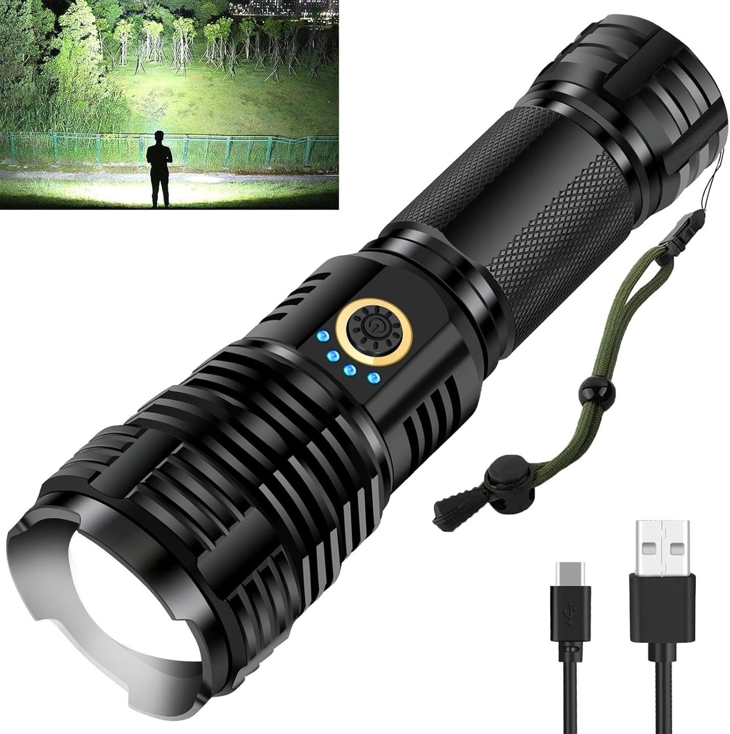 990000 High Lumens Rechargeable LED Flashlight, Tactical XHP70 Flashlights with Zoomable, 5 Modes, Military Grade Waterproof LED Flashlights for Camping, Hiking, Emergencies