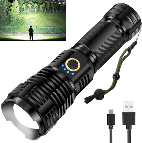 990000 High Lumens Rechargeable LED Flashlight, Tactical XHP70 Flashlights with Zoomable, 5 Modes, Military Grade Waterproof LED Flashlights for Camping, Hiking, Emergencies