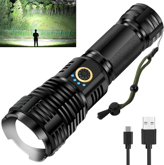 990000 High Lumens Rechargeable LED Flashlight, Tactical XHP70 Flashlights with Zoomable, 5 Modes, Military Grade Waterproof LED Flashlights for Camping, Hiking, Emergencies