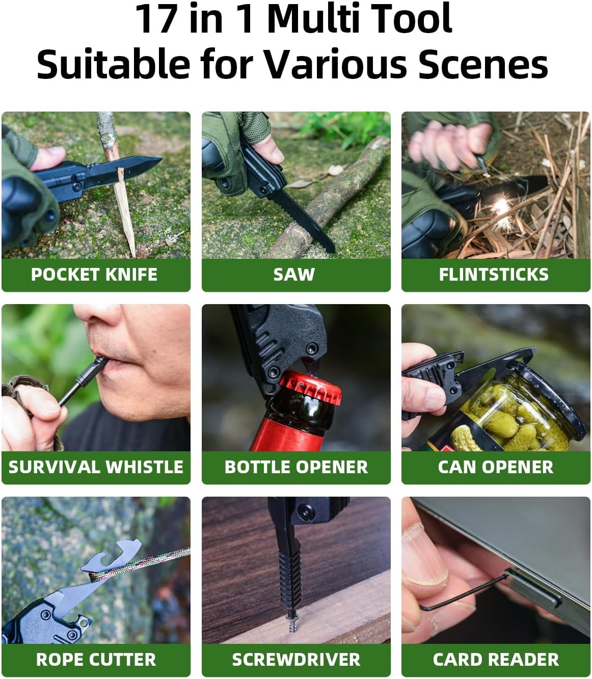 Multitool Camping Accessories 17 in 1 Fire Starting Sticks, Bottle Opener, Saw Screwdrivers Bottle Opener, Whistle, Window Breaker and More -Perfect for Camping, Outdoor, Survival, Gifts for Men Dad