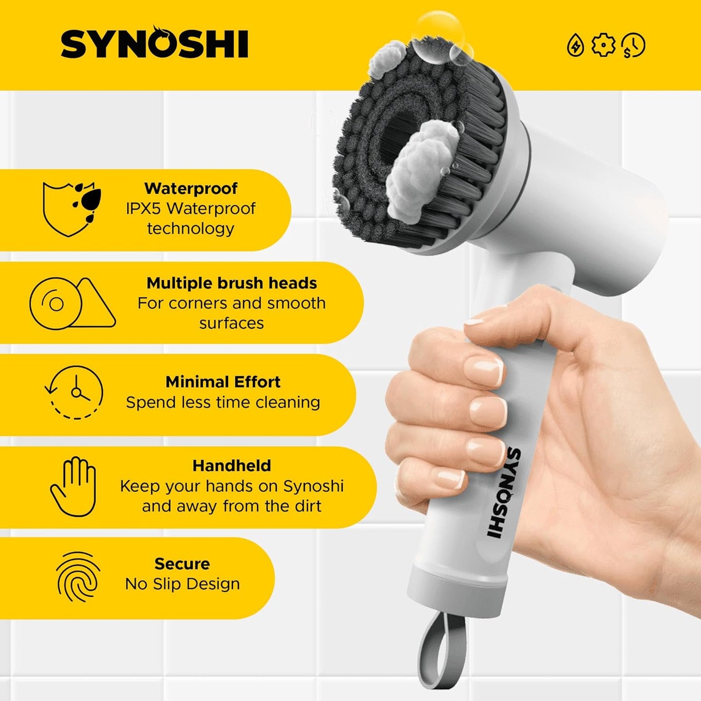 Synoshi Bathroom Set Electric Spin Scrubber with 3 Replaceable Cleaning Head + 2 Cone Brush Heads + 6 Sponge Brush Heads. Perfect for Hard to Reach Places and Smooth Surfaces in The Bathroom