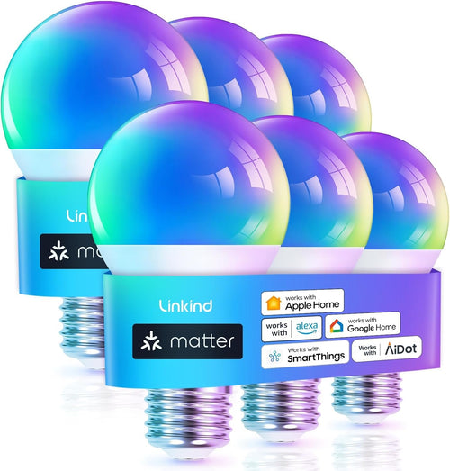 Linkind Matter Smart Light Bulb, WiFi Smart Bulbs, Work with Apple Home, Siri, Alexa, Google, SmartThings, RGTBW Color Changing Bulbs Mood Lighting, Music Sync, A19 E26 60W, 2.4Ghz WiFi 6 Pack