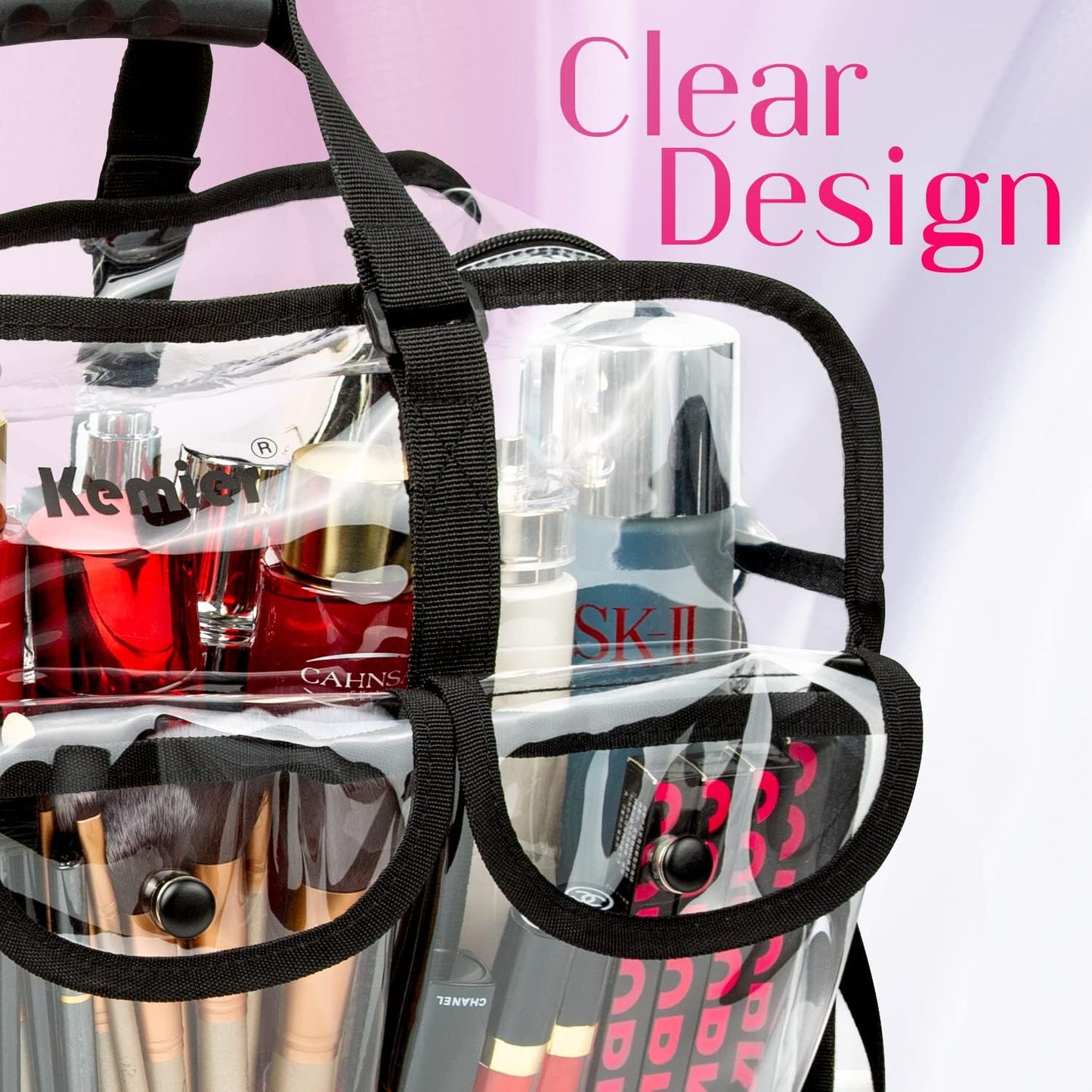 Kemier Transparent Travel Beauty Case with 6 External Pockets Large Cosmetic Organizer with Shoulder Strap