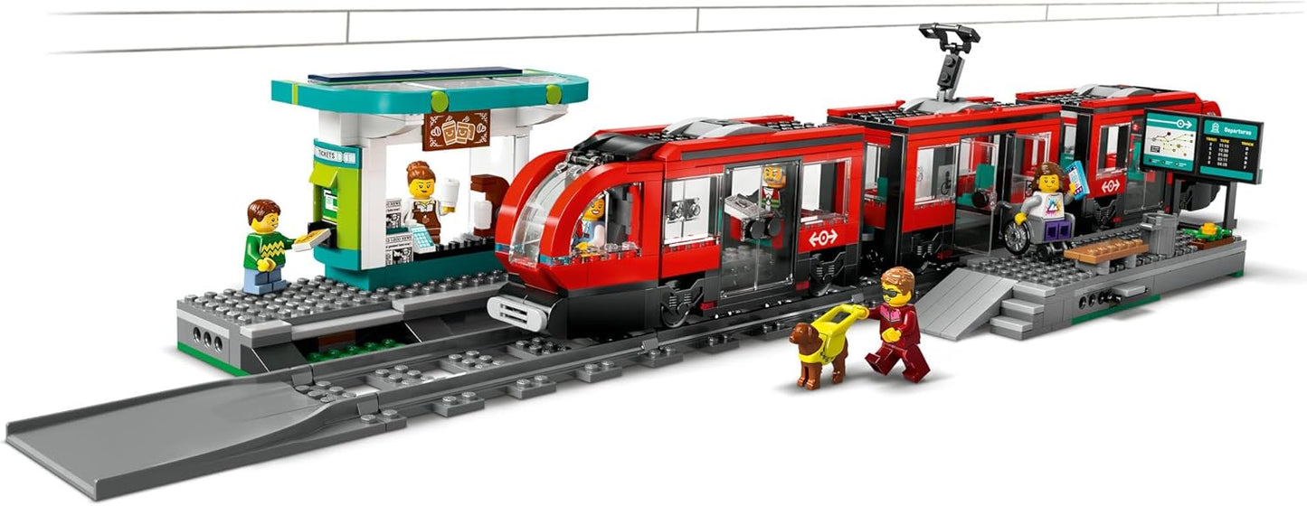 LEGO® City Downtown Tram and Station 60423 Playset for Tramcar and Toy Train Fans Aged 7 Plus, Christmas Toy for Kids, 6 Minifigures and a Guide Dog Figure for Role Play