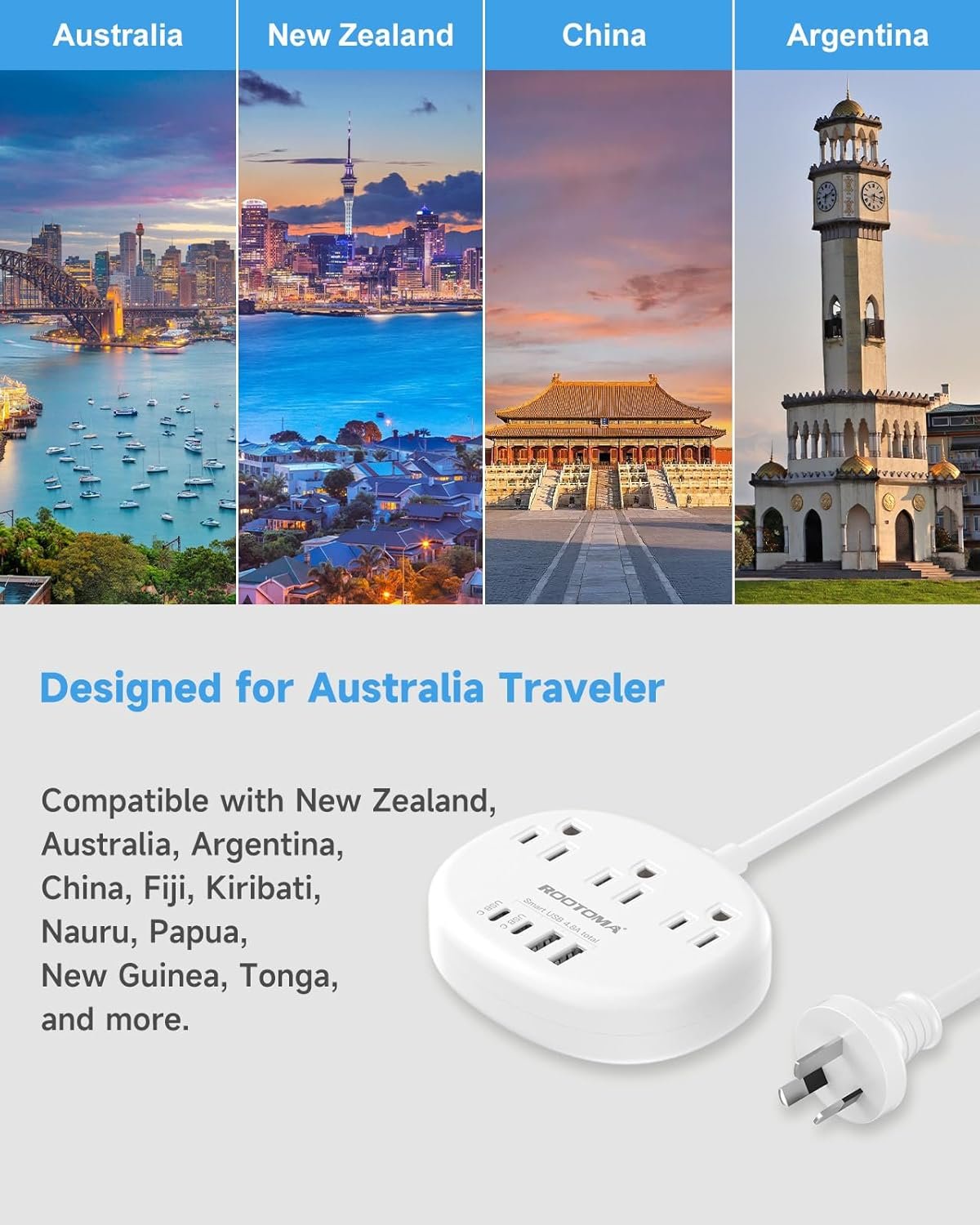Australia Travel Plug Adapter with USB C, 3 AC Outlets 4 USB Ports (4.8A/24W), Type I Travel Power Bar for Canada to Australia, New Zealand, Argentina, China