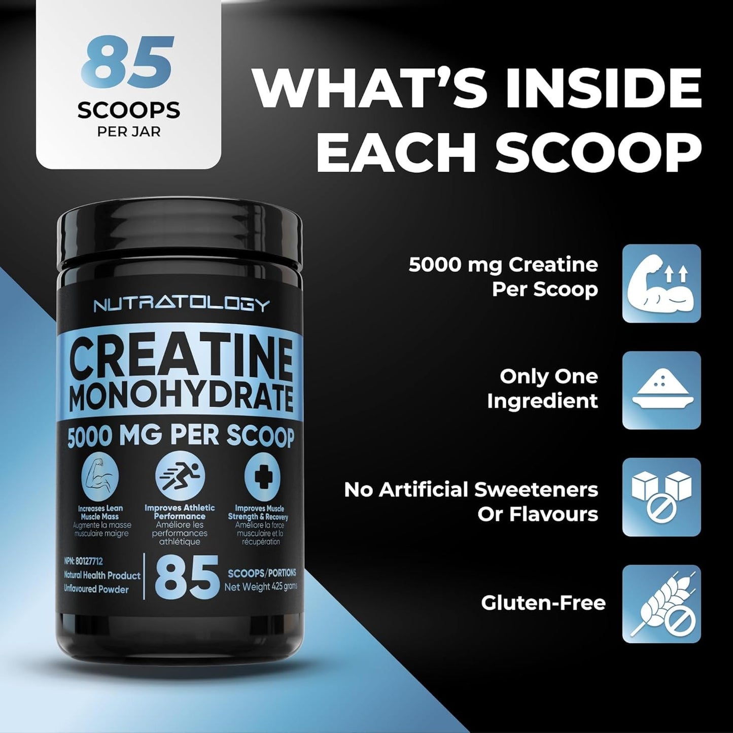 Creatine Monohydrate Powder 425g - For Increased Muscle Growth & Performance - Pre-workout Muscle Builder - Supports Athletic Performance - Creatine Powder for Workouts - 85 Servings