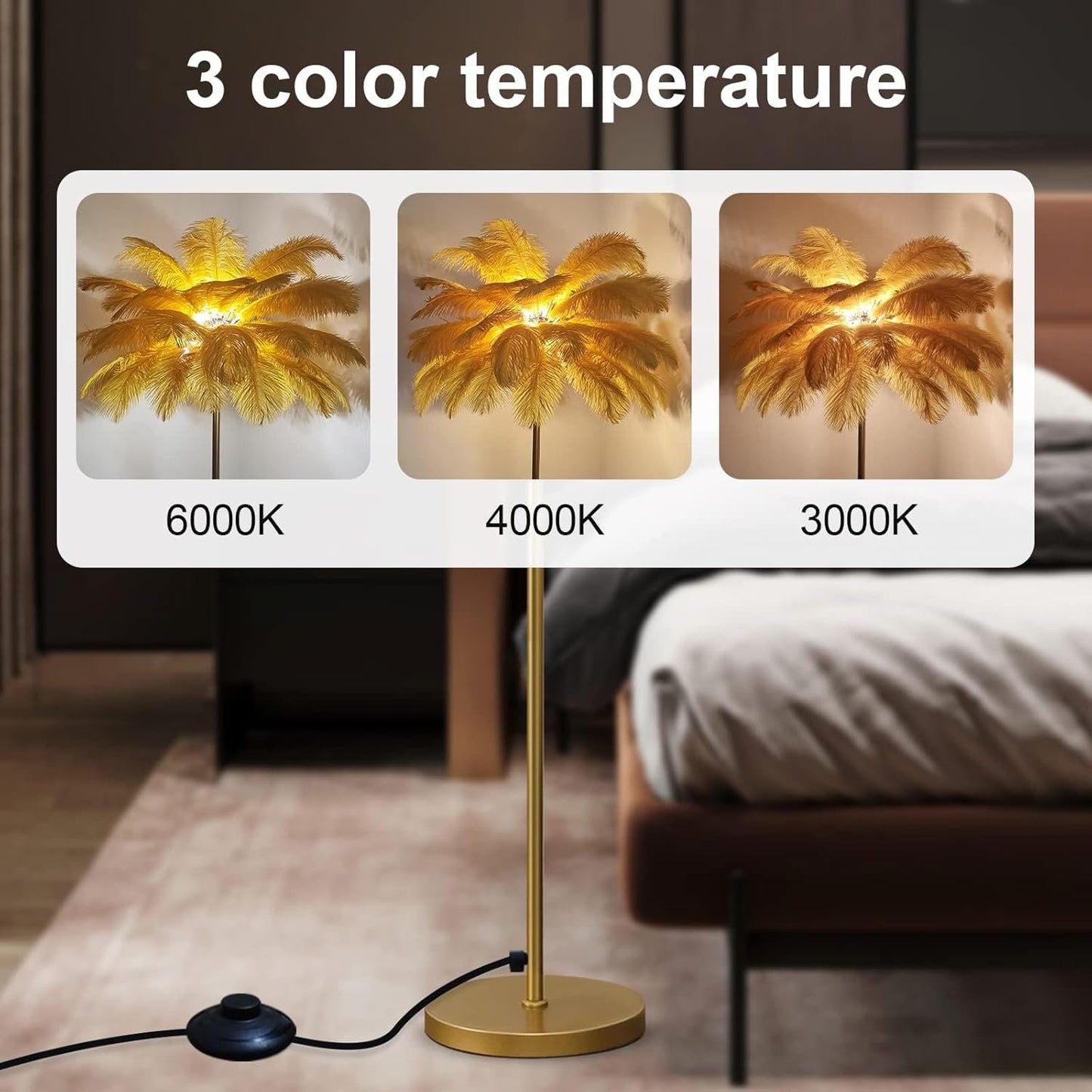 Floor Lamps for Living Room Bright Lighting with Feather Lampshade, Modern Ostrich Feather Floor Lamp with LED Bulbs Standing Lamp for Beroom, Office,Gold,Large