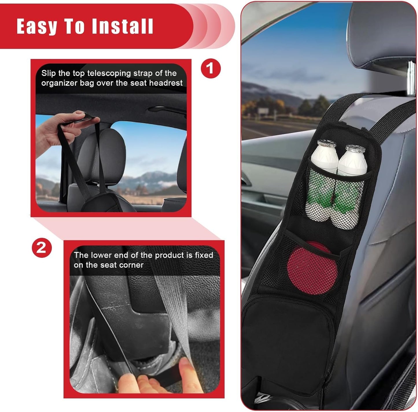 QUICTO 2PCS Car Seat Storage Hanging Bag, Multi-Pocket Side Organizer, Multifunctional Mesh Net Pocket, Can Hold Mobile Phone, Wallet, Glasses, Suitable for Cars, SUVs, Trucks Black