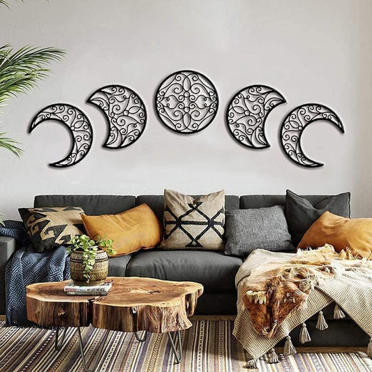Moon Wall Decoration, Moon Phase Wall Art Decoration Hanging (5 Pieces) Nordic Wood Moon Appearance Natural Design Moon Interior, Boho Bedroom Decor Home Wall Decor (Black)