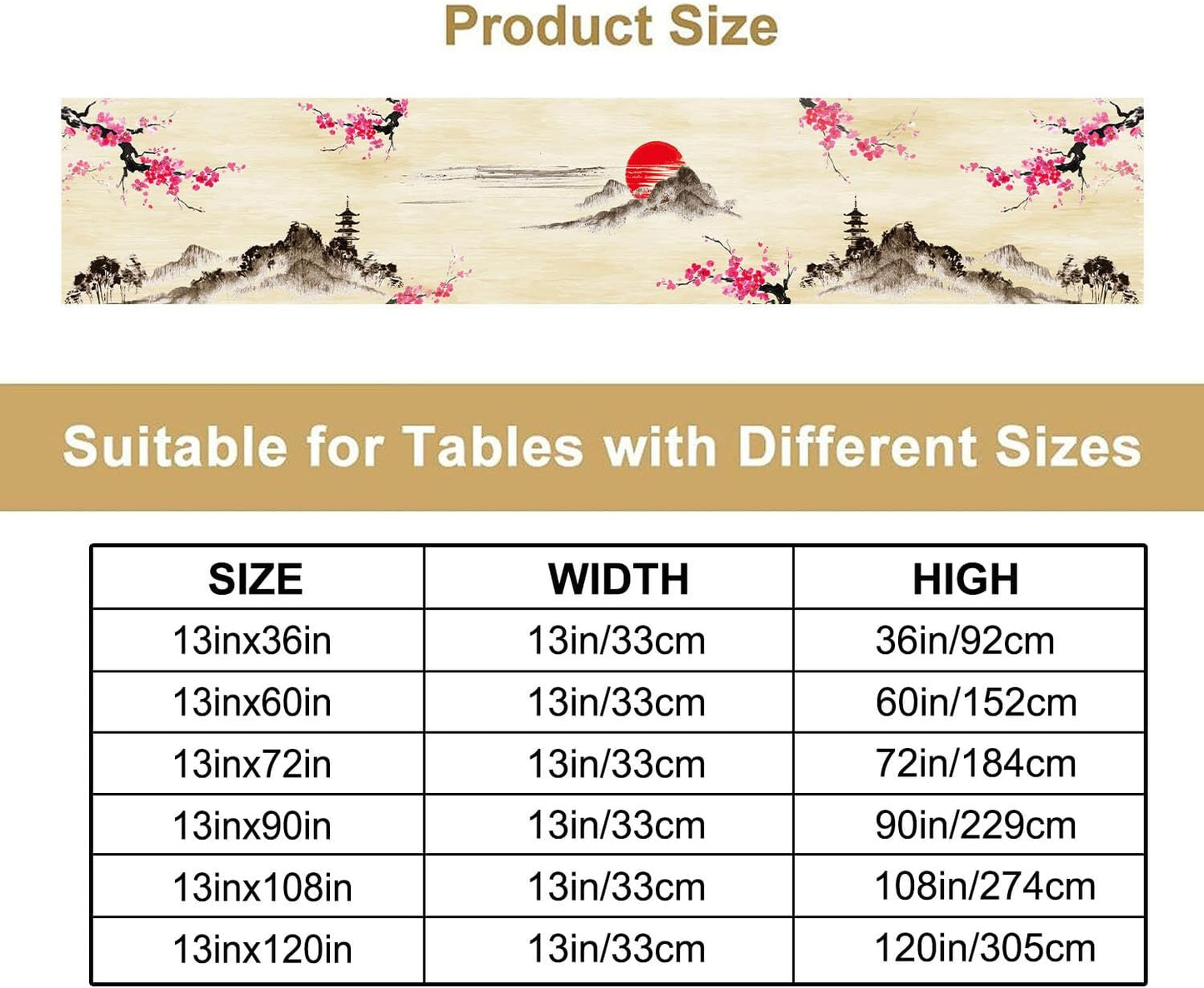 Japanese Cherry Blossom Table Runner Retro Spring Landscape Mountain Plum Floral Tabletop Decor Cover for Holiday Dining Room Party 13x120 Inch