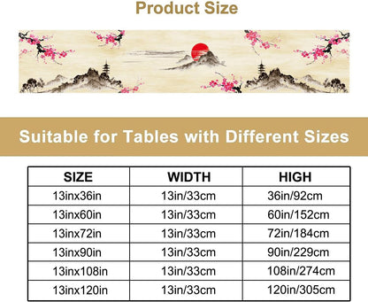 Japanese Cherry Blossom Table Runner Retro Spring Landscape Mountain Plum Floral Tabletop Decor Cover for Holiday Dining Room Party 13x120 Inch