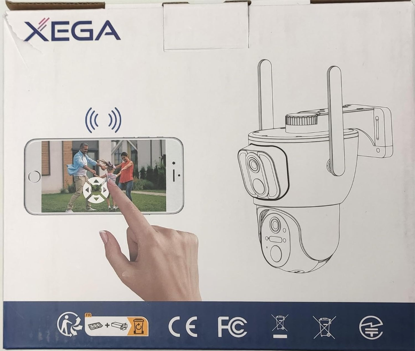 Xega 4Gã€Dual Lensã€‘ Security Camera Outdoor with SIM Card, 14400mAh Solar Powered Wireless No WiFi Security Camera, 2K HD PTZ CCTV with Human Detection Spotlight Siren Alert TF Cloud Storage IP66