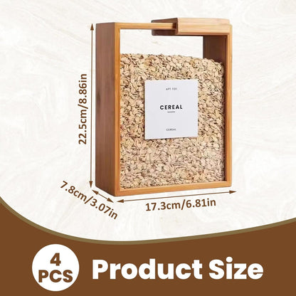 4Pcs Bamboo Kitchen Cereal Containers, 9x7x3 Inch Wood Food Dispenser with Removable Lids, Clear Kicthen Storage Can for Snack, Rice, Flour, Pasta