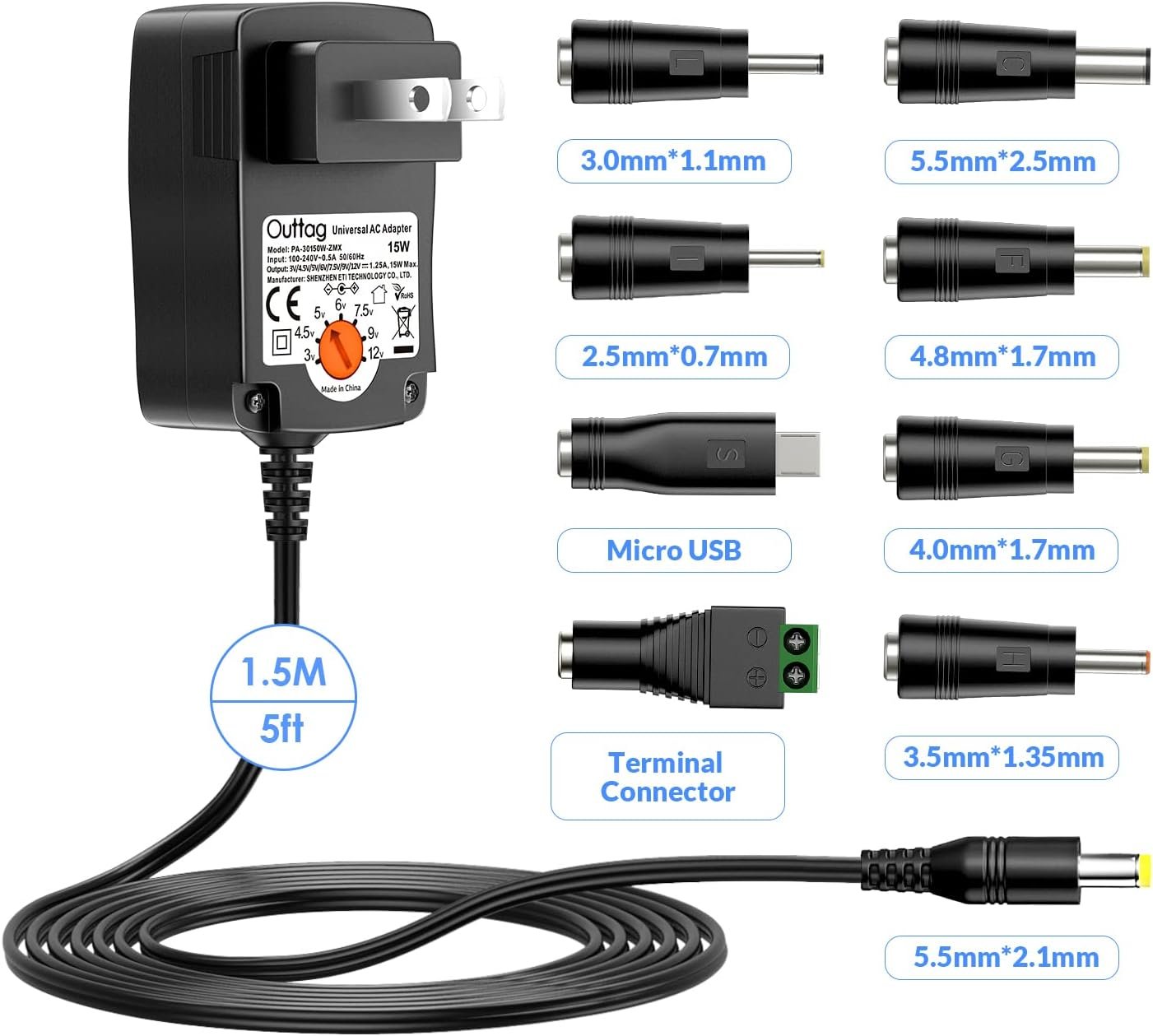 15W Universal AC Adapter 3V 4.5V 5V 6V 7.5V 9V 12V 0.5A 1A 1.25A MAX Multi Voltage Switching Power Supply Replacement for Household Electronics Routers CCTV IP Cameras Smartphone Speakers
