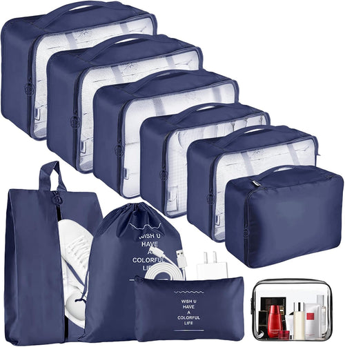 10 Pieces Clothes Pockets Set Travel Cubes Cosmetic Bags Waterproof Storage Bags Travel Accessories (Navy)