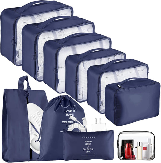 10 Pieces Clothes Pockets Set Travel Cubes Cosmetic Bags Waterproof Storage Bags Travel Accessories (Navy)