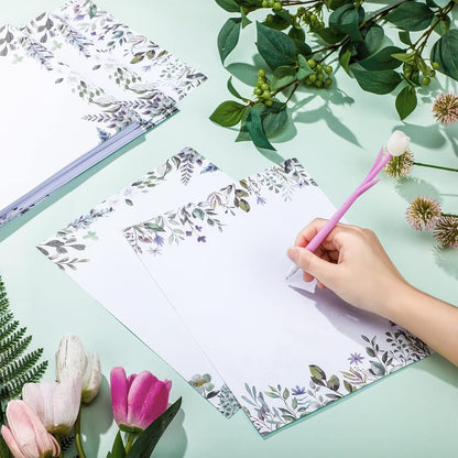 200 Sheets Leaf Theme Paper Stationery Greenery Letterhead Paper Writing Stationary Paper Eucalyptus Border Design Paper Decorative Printer Paper for Office School Home Wedding, 8.5 x 11 Inch (Leaf)