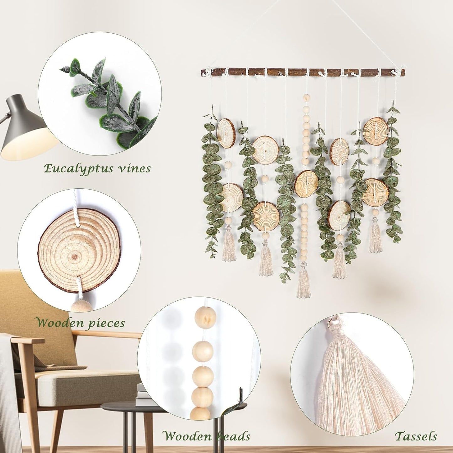 Lenamos Artificial Eucalyptus Wall Decor Fake Greenery Leaves Stems Wall Hanging Plants on 40cm Wooden Stick Boho Rustic Farmhouse Decor for Bedroom Kitchen Dining Room Bathroom Decoration