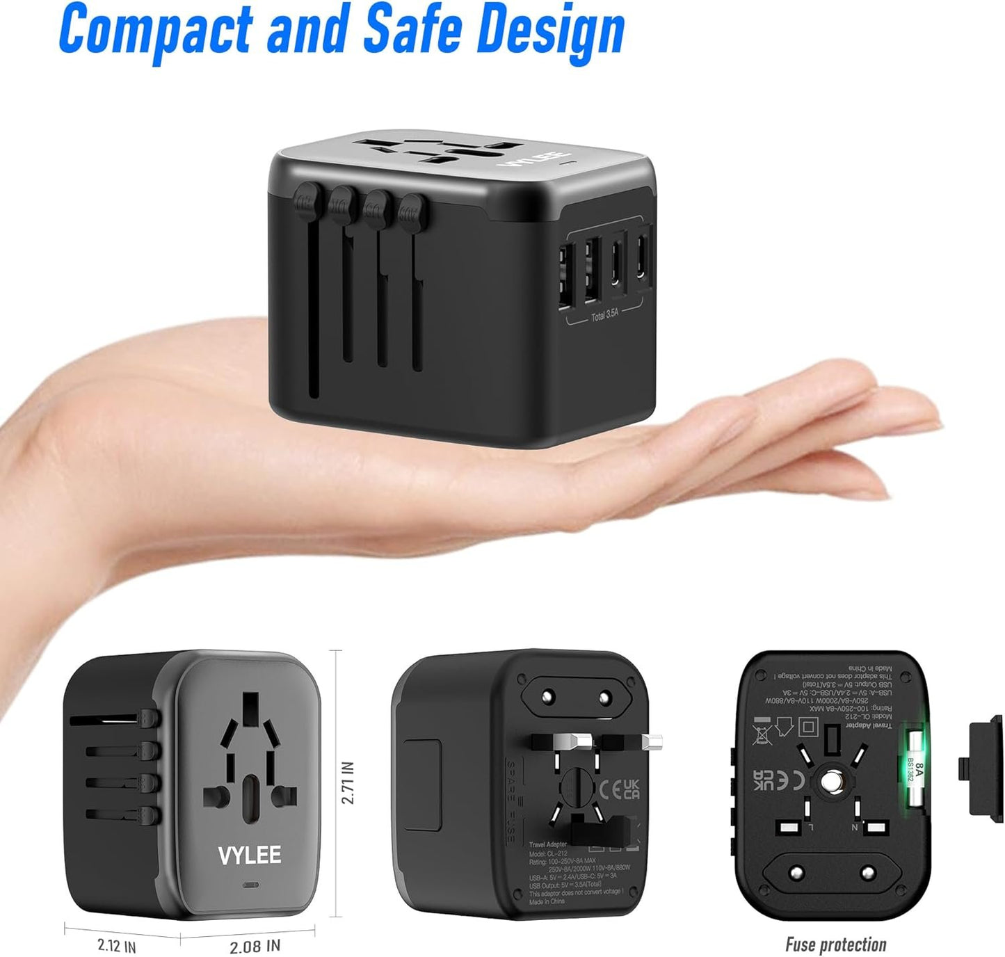 VYLEE Universal International Power Travel Plug Adapter, 5 in 1 European Travel Plug Adapter W/ 3.5A 2xUSB-A and 2xUSB C Wall Charger and Worldwide AC Outlet for Europe USA UK AUS Asia (Black Grey)